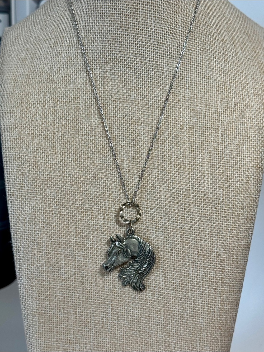 Vintage Pewter Horse Necklace Equestrian Statement Pendant Artisan Jewelry